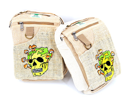 Skull Mushroom Hemp Passport Bag | Hand Embroidered Messenger Bag