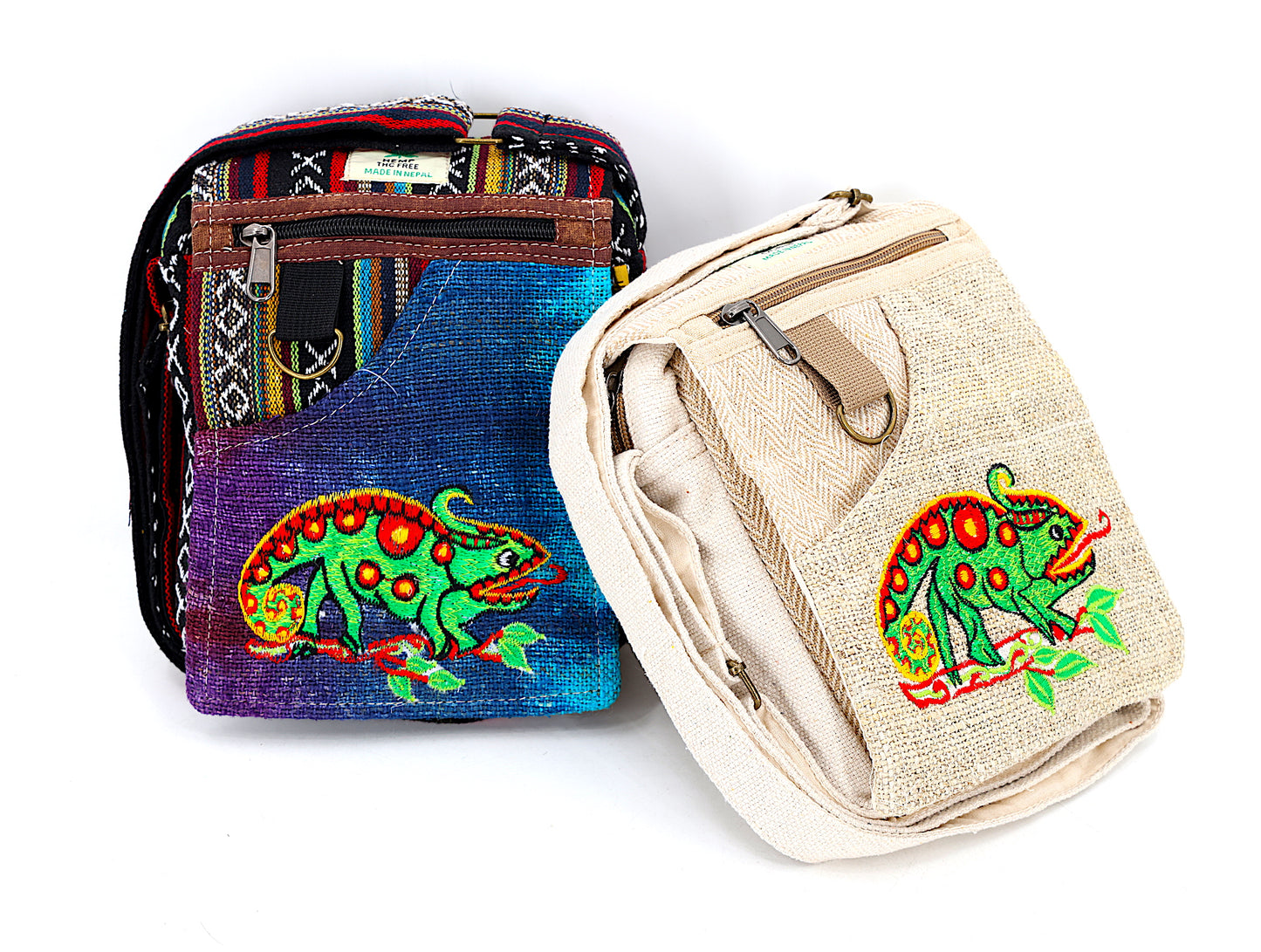 Hemp Chameleon Hand Embroidered Passport Bag