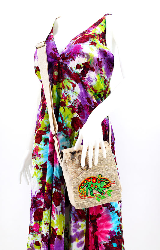 Hemp Chameleon Hand Embroidered Passport Bag