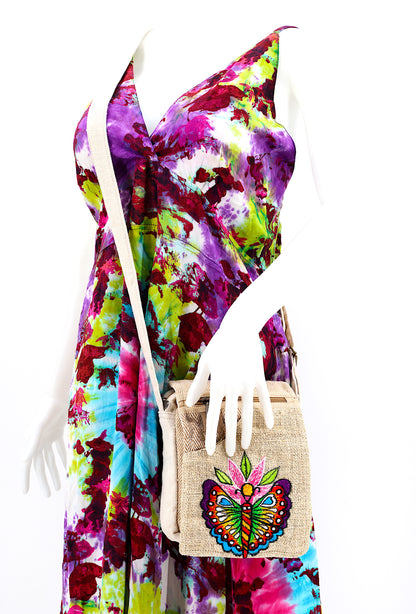 Butterfly Hemp Passport Bag | Hand Embroidered Messenger Bag