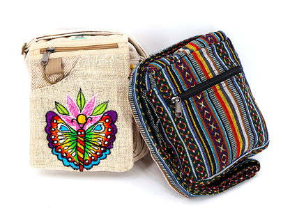 Butterfly Hemp Passport Bag | Hand Embroidered Messenger Bag