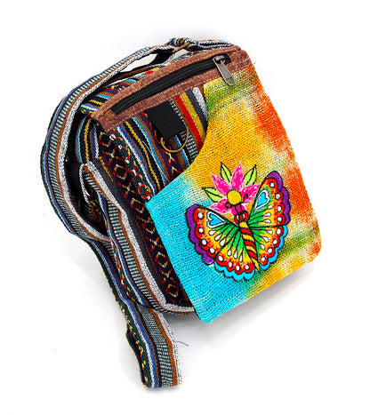 Butterfly Hemp Passport Bag | Hand Embroidered Messenger Bag