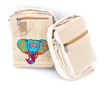 Elephant Hemp Passport Bag | Hand Embroidered Messenger Bag