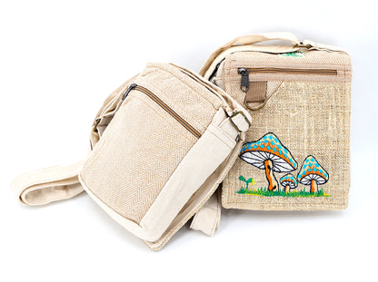 Mushroom Hemp Passport Bag | Hand Embroidered Messenger Bag