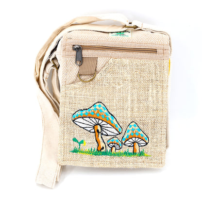 Mushroom Hemp Passport Bag | Hand Embroidered Messenger Bag