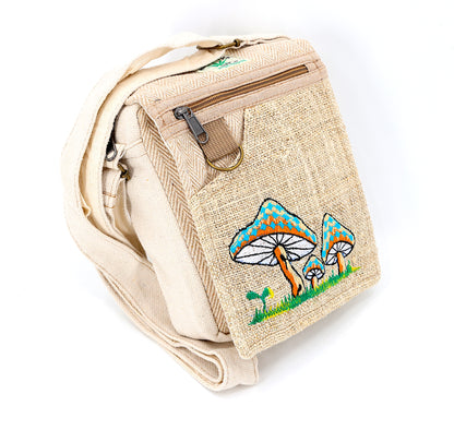 Mushroom Hemp Passport Bag | Hand Embroidered Messenger Bag