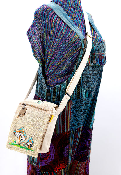 Mushroom Hemp Passport Bag | Hand Embroidered Messenger Bag