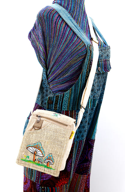 Mushroom Hemp Passport Bag | Hand Embroidered Messenger Bag