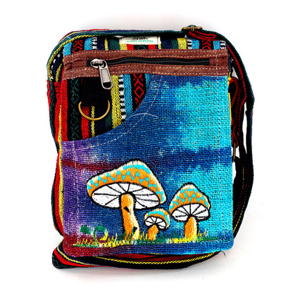 Mushroom Hemp Passport Bag | Hand Embroidered Messenger Bag