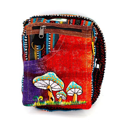Mushroom Hemp Passport Bag | Hand Embroidered Messenger Bag