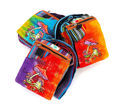 Frog Mushroom Hemp Passport Bag | Hand Embroidered Messenger Bag