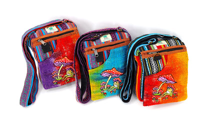 Frog Mushroom Hemp Passport Bag | Hand Embroidered Messenger Bag