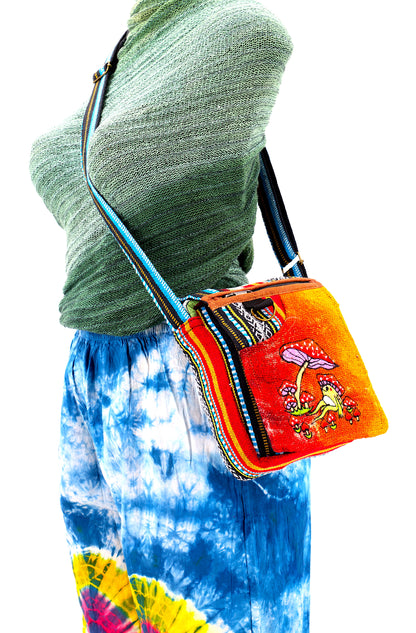 Frog Mushroom Hemp Passport Bag | Hand Embroidered Messenger Bag