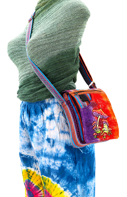 Frog Mushroom Hemp Passport Bag | Hand Embroidered Messenger Bag