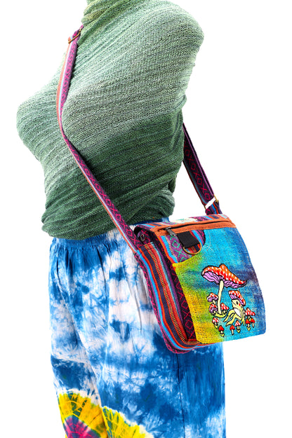 Frog Mushroom Hemp Passport Bag | Hand Embroidered Messenger Bag