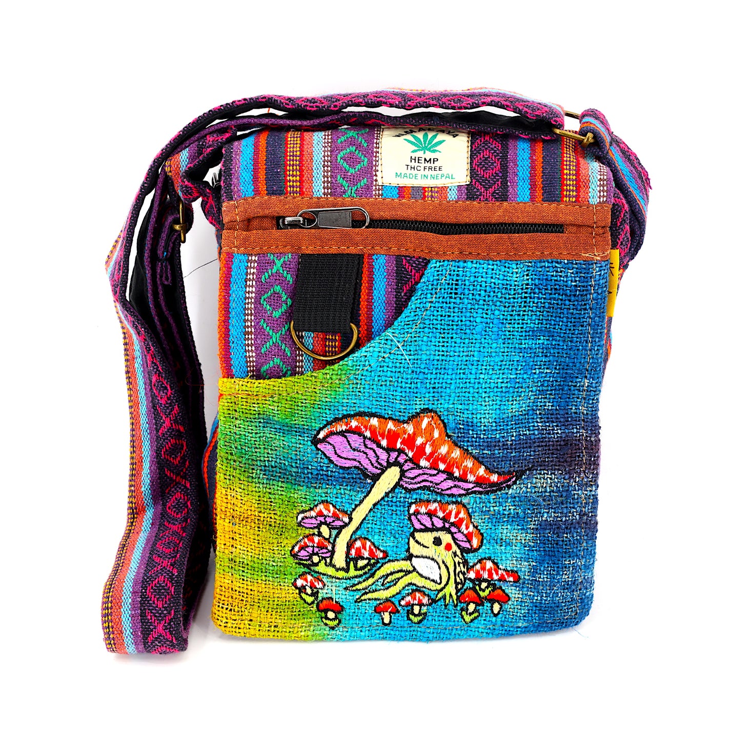 Hemp Frog Mushroom Hand Embroidered Passport Bag