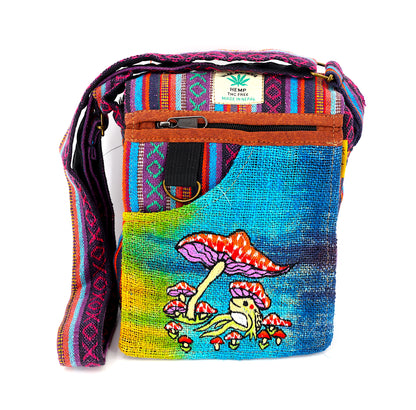 Frog Mushroom Hemp Passport Bag | Hand Embroidered Messenger Bag