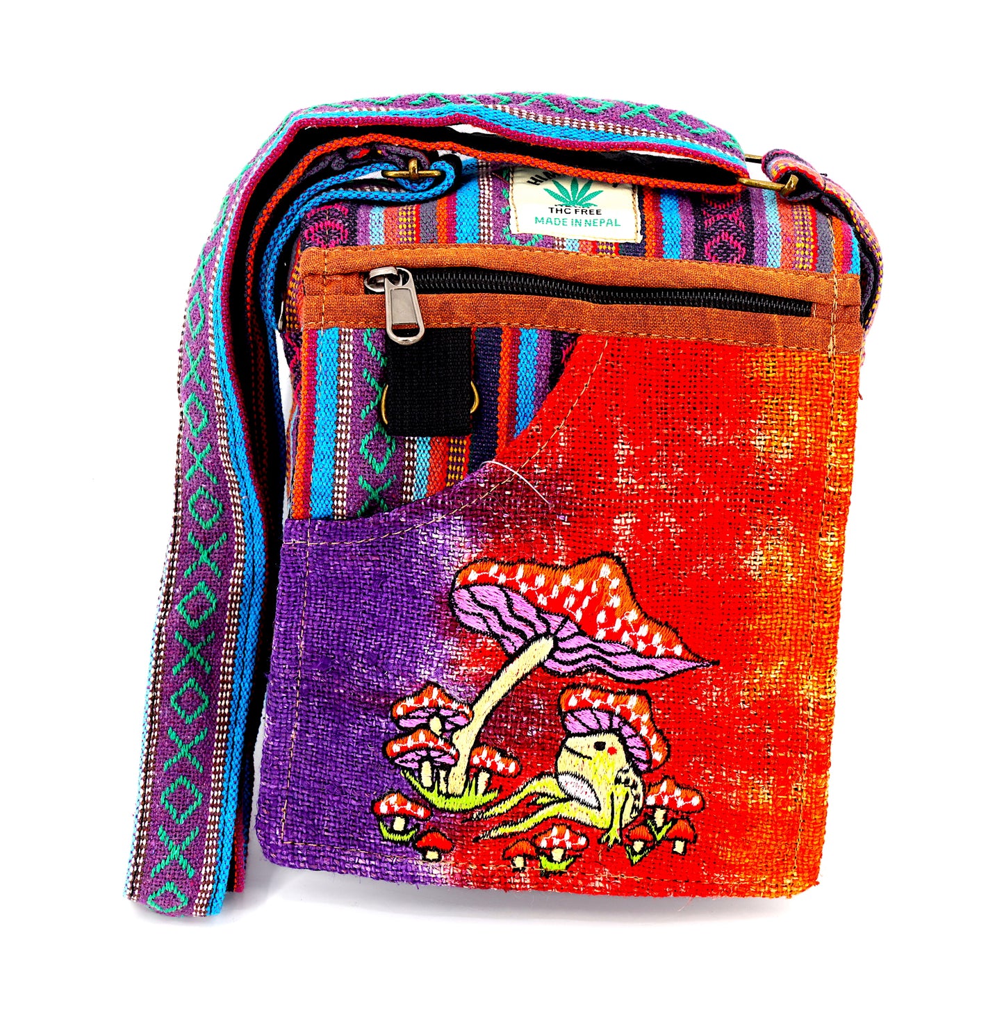 Hemp Frog Mushroom Hand Embroidered Passport Bag