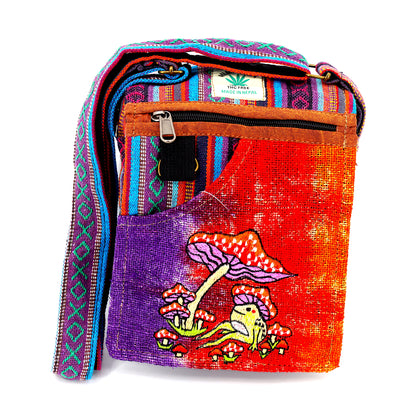 Frog Mushroom Hemp Passport Bag | Hand Embroidered Messenger Bag
