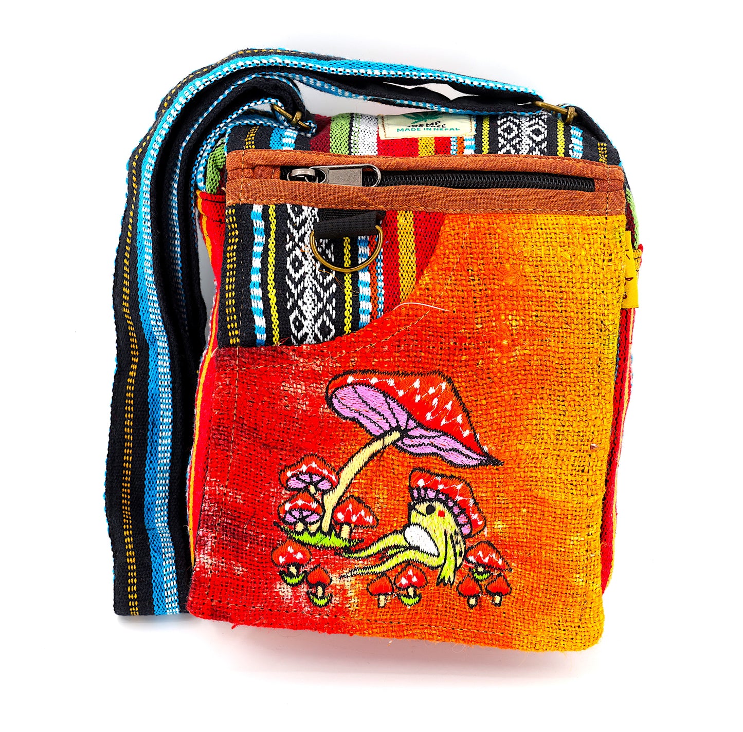 Hemp Frog Mushroom Hand Embroidered Passport Bag