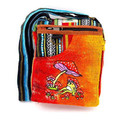 Frog Mushroom Hemp Passport Bag | Hand Embroidered Messenger Bag