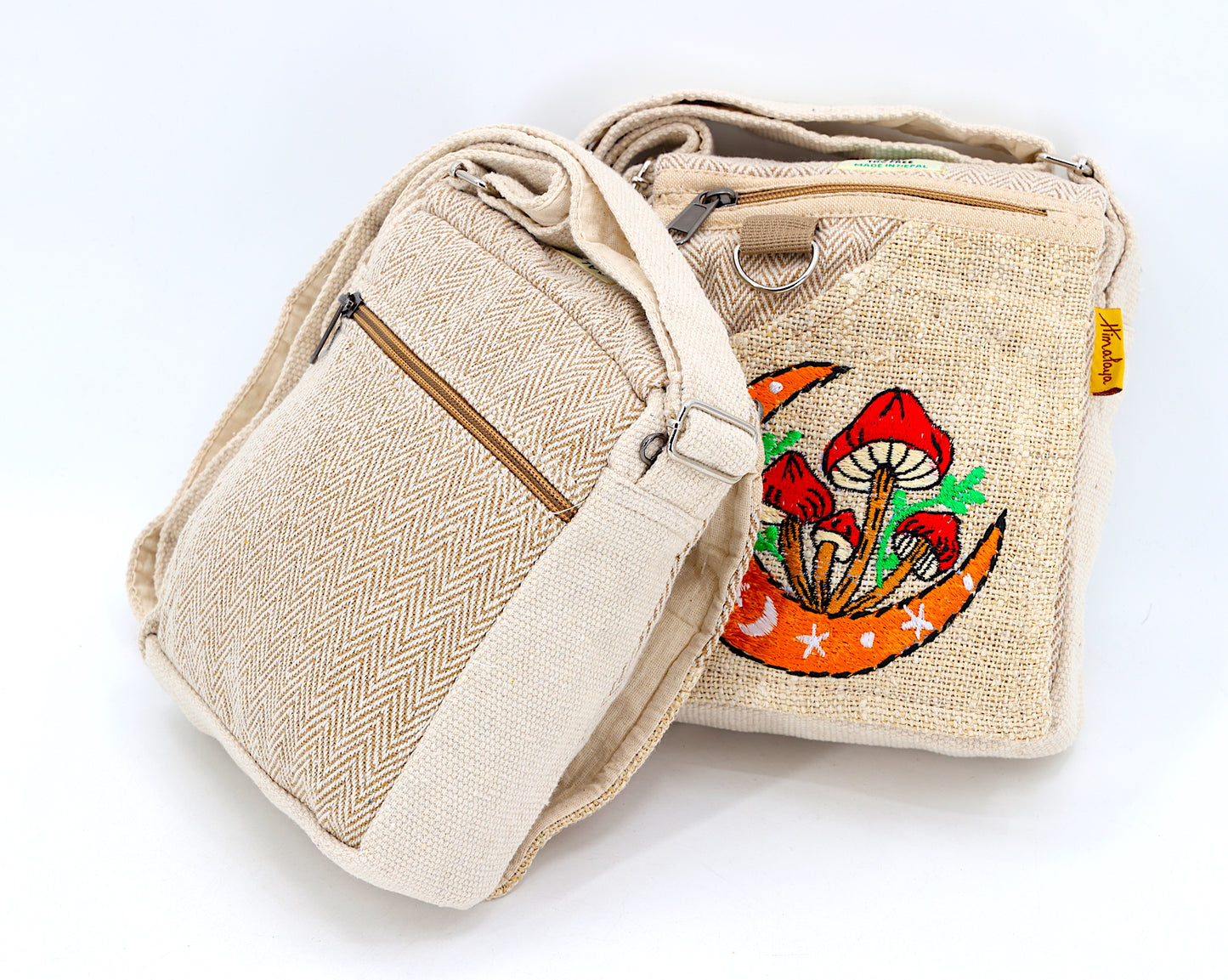 Hemp Moon Mushroom Hand Embroidered Passport Bag