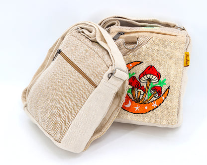 Moon Mushroom Hemp Passport Bag | Hand Embroidered Messenger Bag