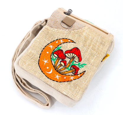 Moon Mushroom Hemp Passport Bag | Hand Embroidered Messenger Bag