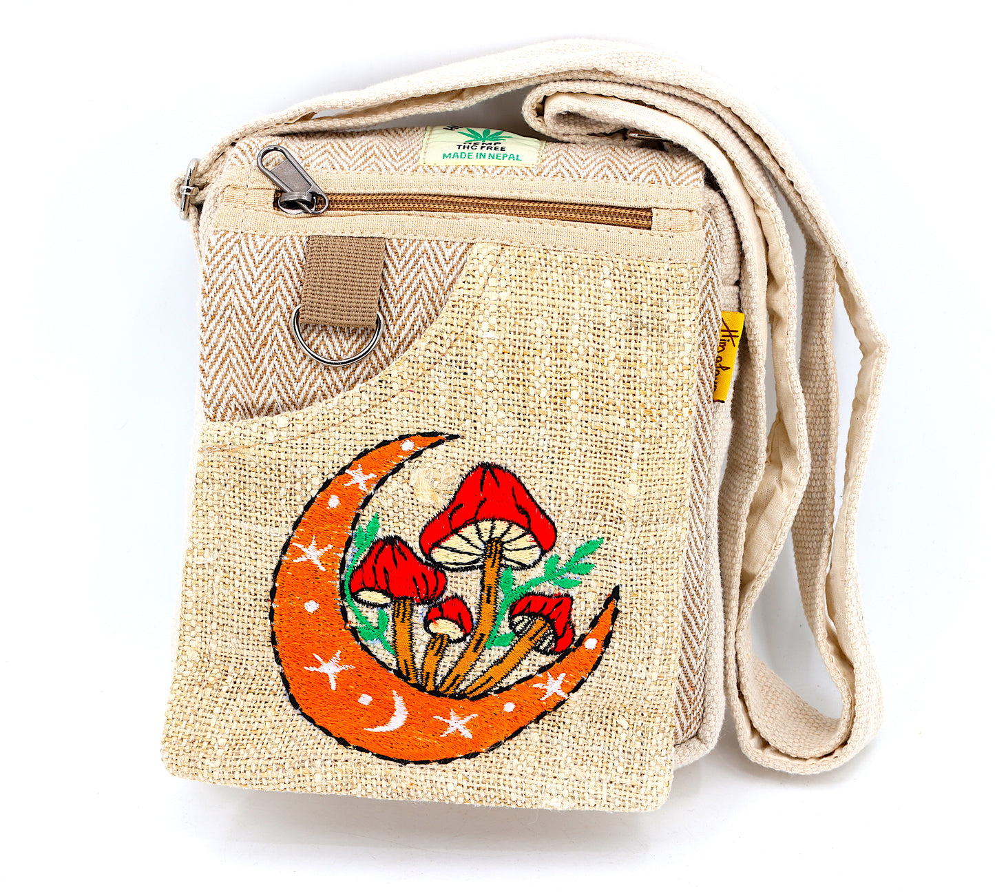 Hemp Moon Mushroom Hand Embroidered Passport Bag