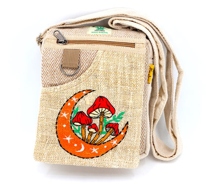 Moon Mushroom Hemp Passport Bag | Hand Embroidered Messenger Bag