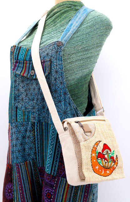 Moon Mushroom Hemp Passport Bag | Hand Embroidered Messenger Bag