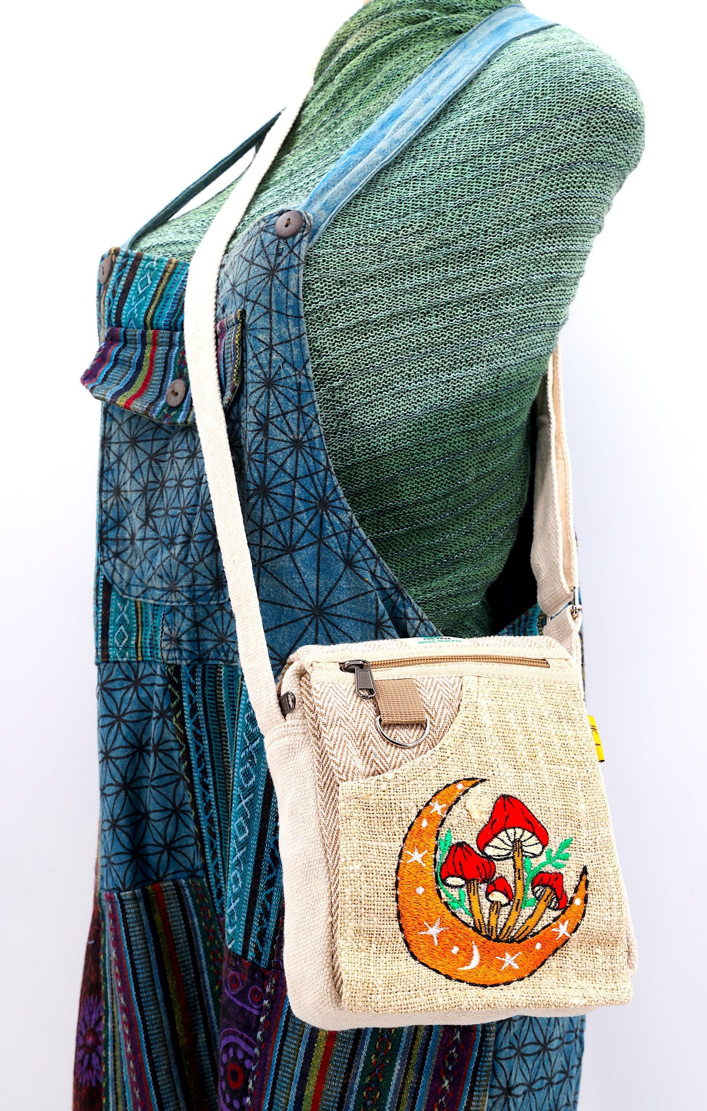 Hemp Moon Mushroom Hand Embroidered Passport Bag