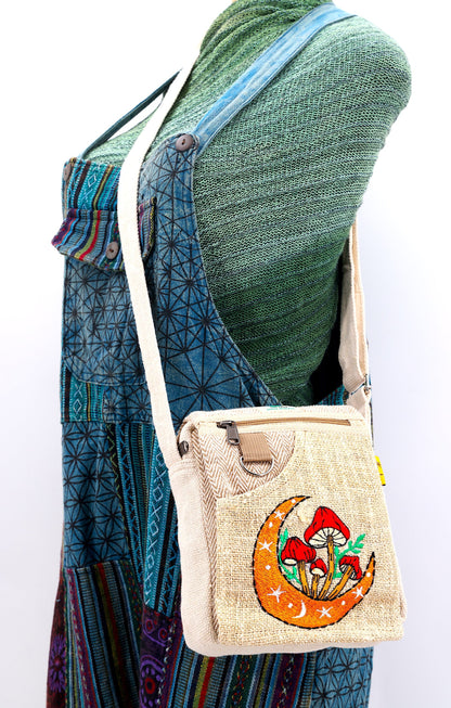 Moon Mushroom Hemp Passport Bag | Hand Embroidered Messenger Bag