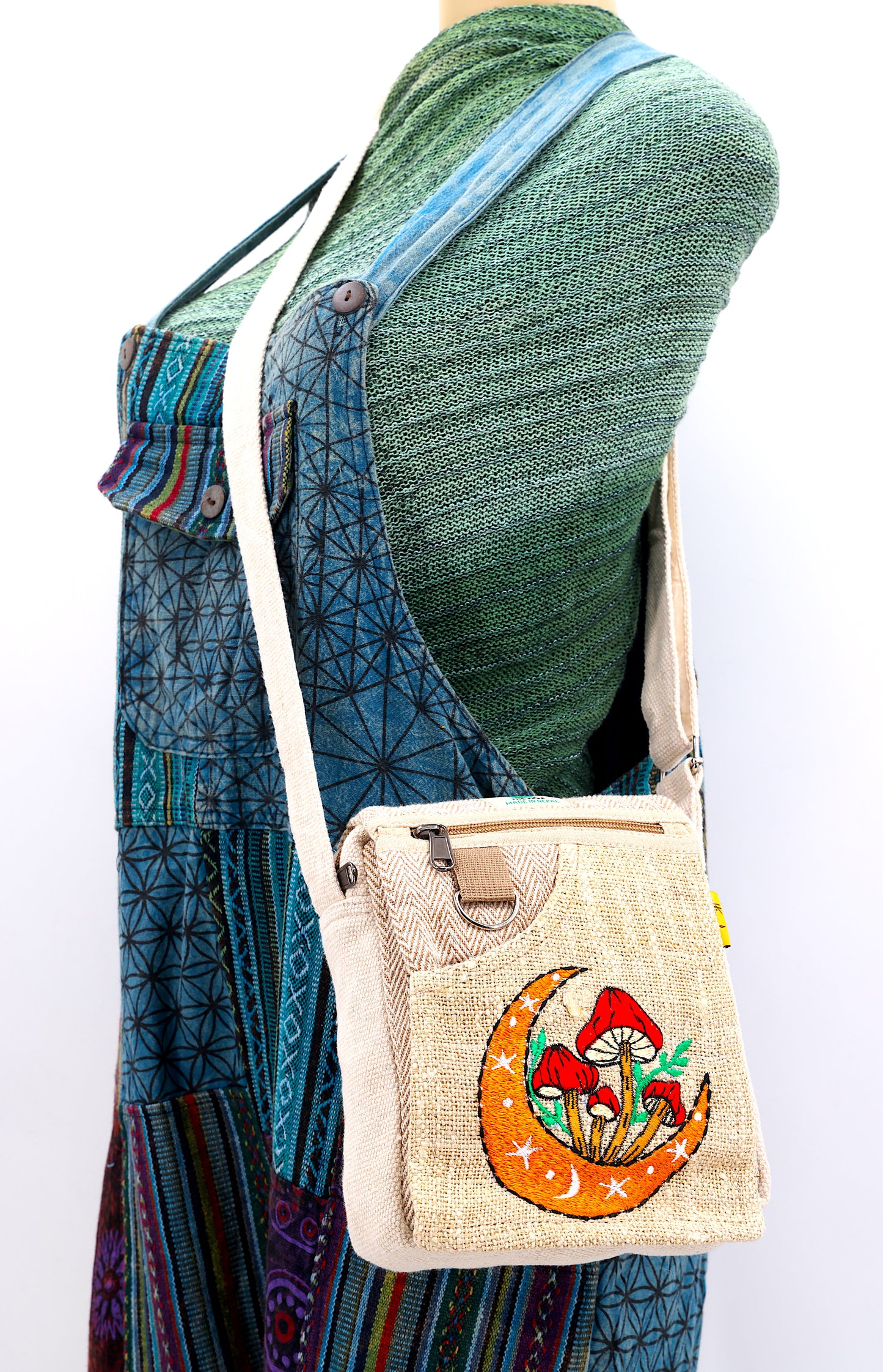 Hemp Moon Mushroom Hand Embroidered Passport Bag