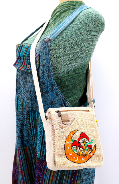 Moon Mushroom Hemp Passport Bag | Hand Embroidered Messenger Bag