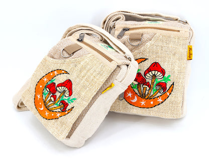 Moon Mushroom Hemp Passport Bag | Hand Embroidered Messenger Bag