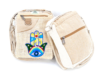 Hamsa Hand Hemp Passport Bag | Hand Embroidered Messenger Bag