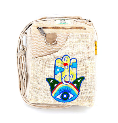 Hamsa Hand Hemp Passport Bag | Hand Embroidered Messenger Bag