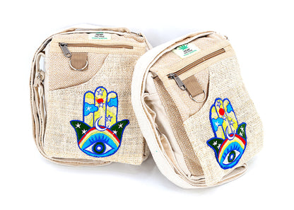 Hamsa Hand Hemp Passport Bag | Hand Embroidered Messenger Bag