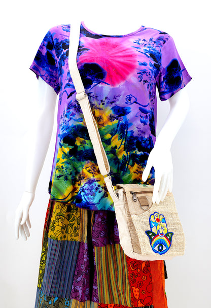 Hamsa Hand Hemp Passport Bag | Hand Embroidered Messenger Bag