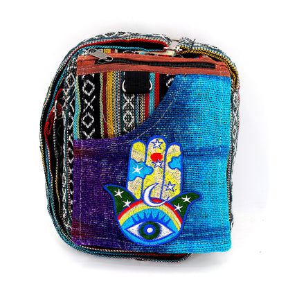Hamsa Hand Hemp Passport Bag | Hand Embroidered Messenger Bag