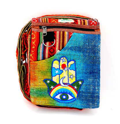 Hamsa Hand Hemp Passport Bag | Hand Embroidered Messenger Bag