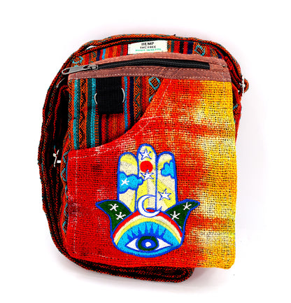 Hamsa Hand Hemp Passport Bag | Hand Embroidered Messenger Bag