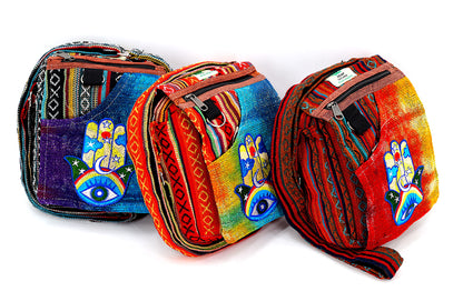 Hamsa Hand Hemp Passport Bag | Hand Embroidered Messenger Bag