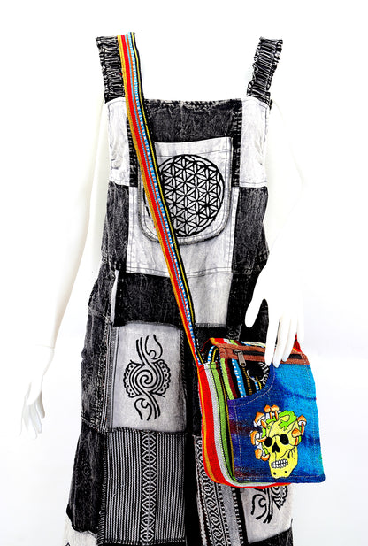 Skull Mushroom Hemp Passport Bag | Hand Embroidered Messenger Bag