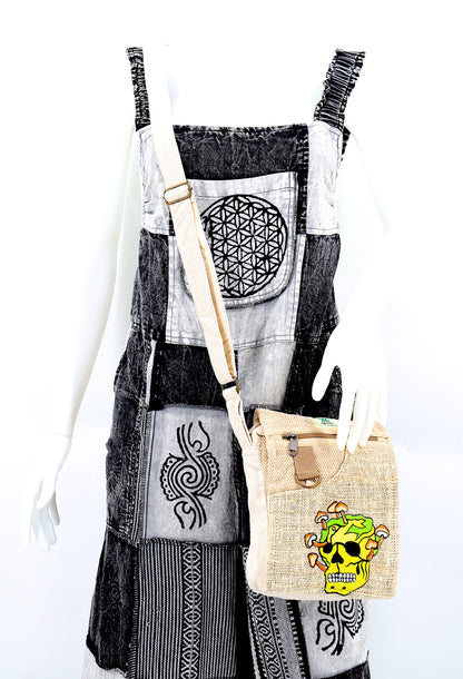 Skull Mushroom Hemp Passport Bag | Hand Embroidered Messenger Bag
