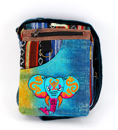 Elephant Hemp Passport Bag | Hand Embroidered Messenger Bag