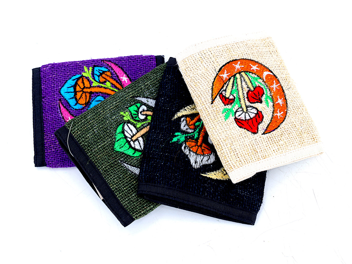 100% Hemp Moon Mushroom Hand Embroidered Tri-Fold Wallet