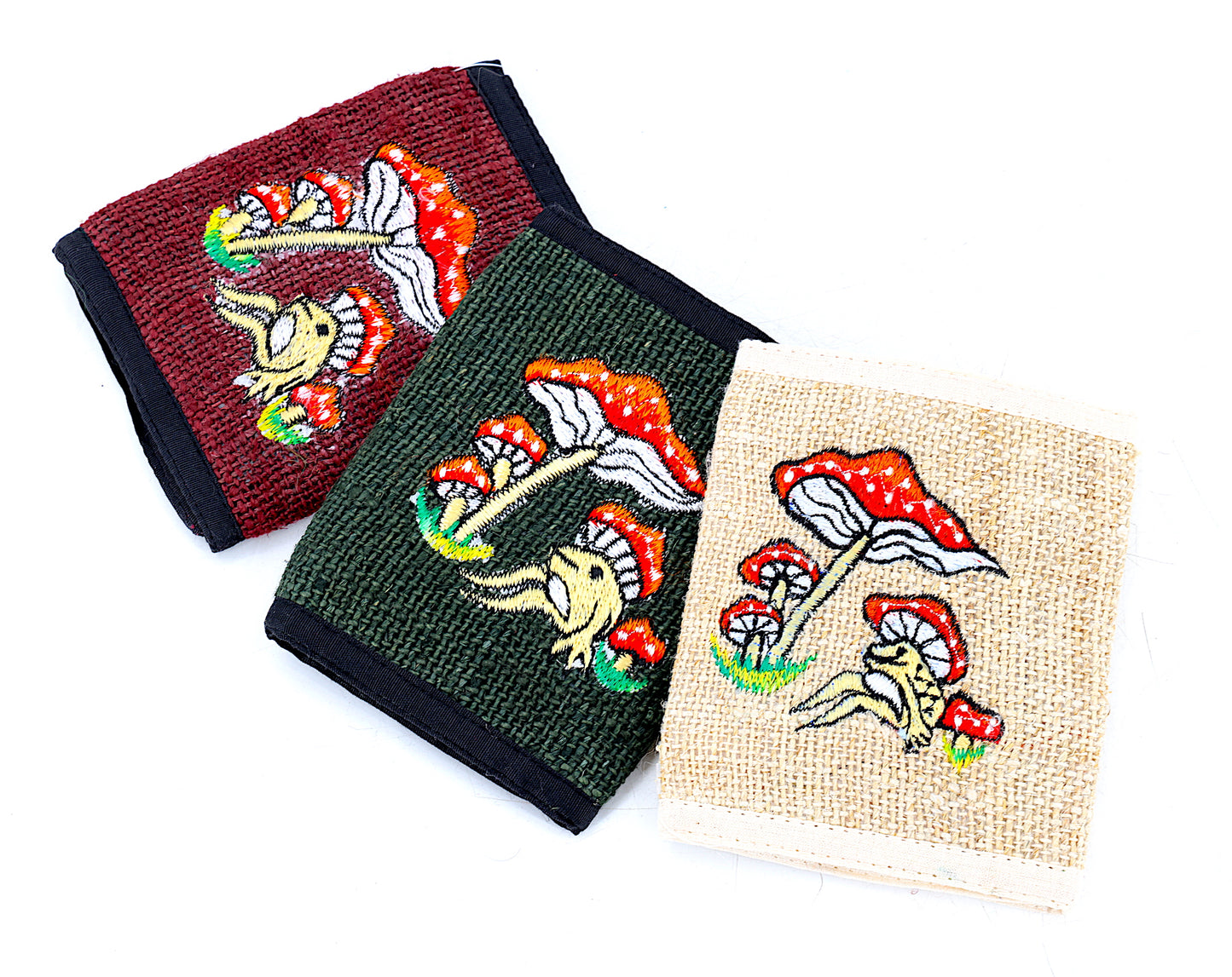 100% Hemp Frog Mushroom Hand Embroidered Tri-Fold Wallet