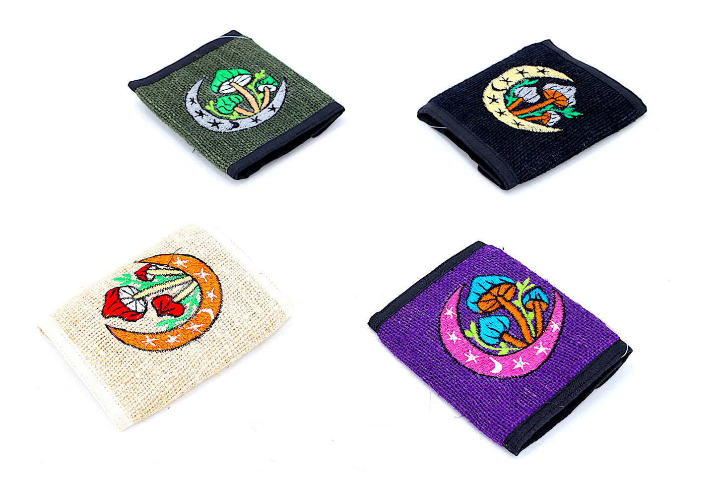 100% Hemp Moon Mushroom Hand Embroidered Tri-Fold Wallet